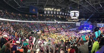 Image: a picture of the BJC during THON Weekend, stands full of people